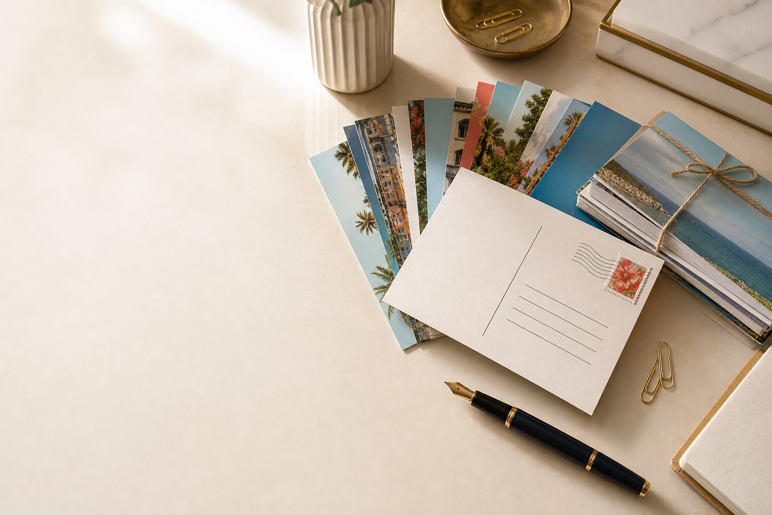 A selection of printed postcards prepared for mailing